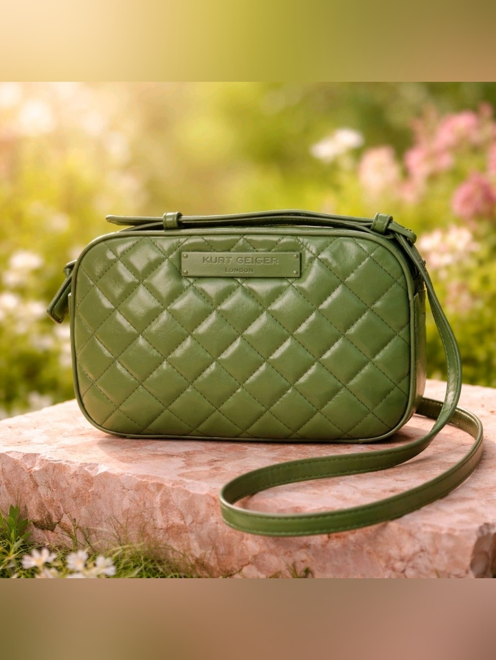 KURT GEIGER ARMY GREEN QUILTED LEATHER CROSSBODY BAG
